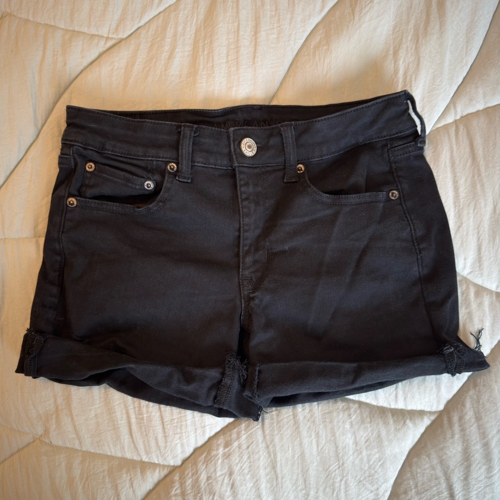 American Eagle Outfitters Black Denim Rolled-Hem Midi Shorts
